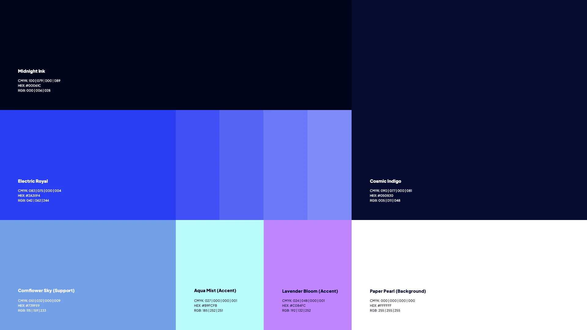 Veritas Institute brand colour palette: Midnight Ink, Cosmic Indigo, Electric Royal, Cornflower Sky, Aqua Mist, Lavender Bloom, Paper Pearl