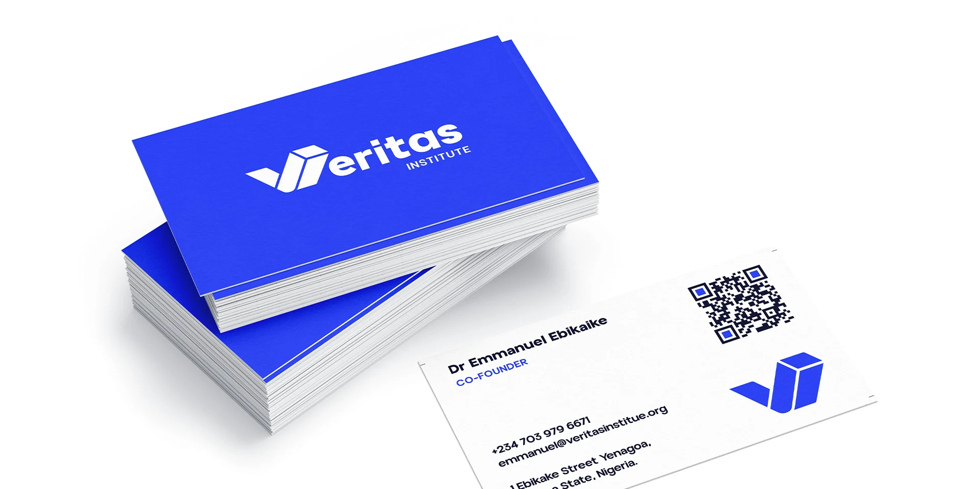 Veritas Institute branded business cards with QR-coded back