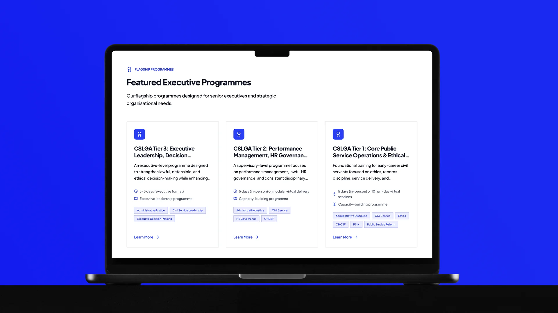 Veritas Institute Featured Executive Programmes web section on laptop