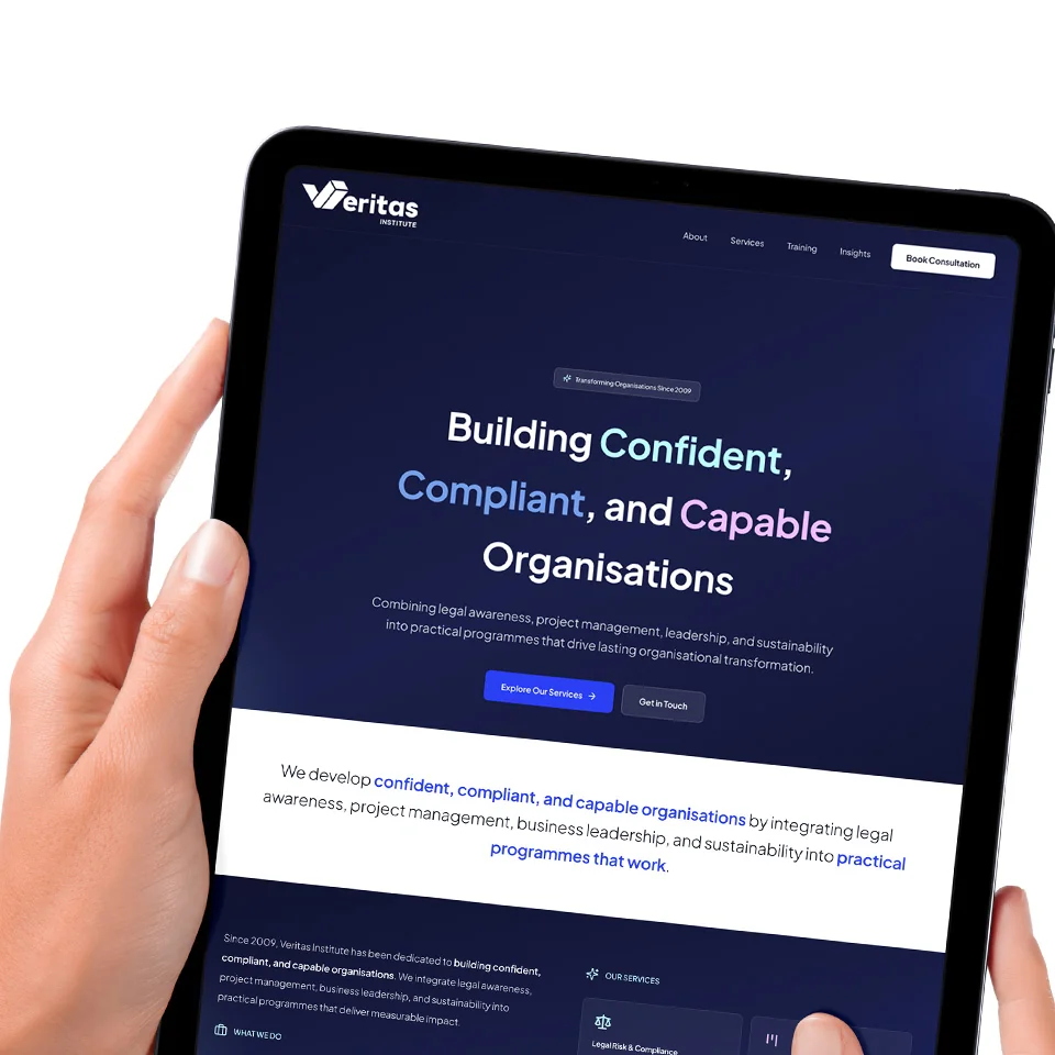 Veritas Institute website hero on iPad: Building Confident, Compliant, and Capable Organisations